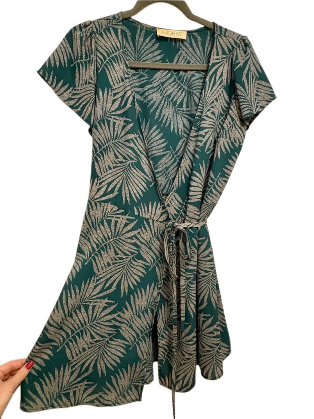 Dark Green Palm-Print Wrap Dress Boutique